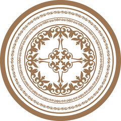 Circle gold frame, workpiece for your design. Ornamental elements and motifs of Kazakh, Kyrgyz, Uzbek, national Asian decor for plate, textile and print design. Round frame. Vector. 