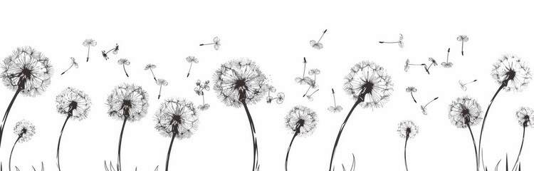 Wind-blown dandelions with fluffy black seeds