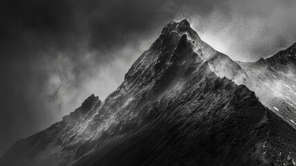 Otherworldly Black and White Surreal Landscape with Dutch Angle Mountain and Dramatic Lighting, Textured Patterns, and Sparks