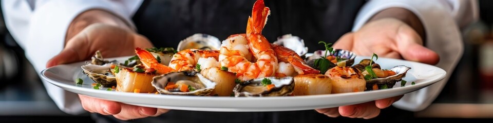 close up of a chef holding a bowl of seafood. Selective focus