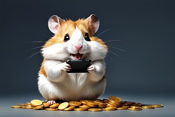 Jovial hamster interacting with gold coins and smartphone, conveying a message of richness.