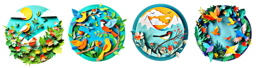 Fototapeta premium Papercraft set. World bird day concept.