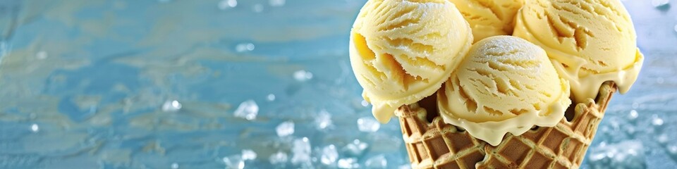 Summer ice cream scene with yellow butterscotch scoops in a waffle cone, perfect for copy space for text