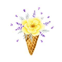 Watercolor yellow roses bouquet ice-cream cone in waffle. Summer arrangements with light lemon flowers and lavender