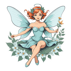 Cute Fairy in Flower Filled Meadow Illustration