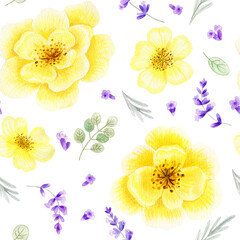 Watercolor yellow roses bouquet retro seamless pattern. Summer arrangements with light lemon flowers and lavender