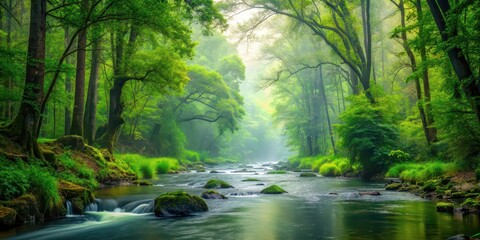 Lush forest river on misty day with meandering watercourse, verdant, watercourse, meanders, forest, misty, fluvial, landforms