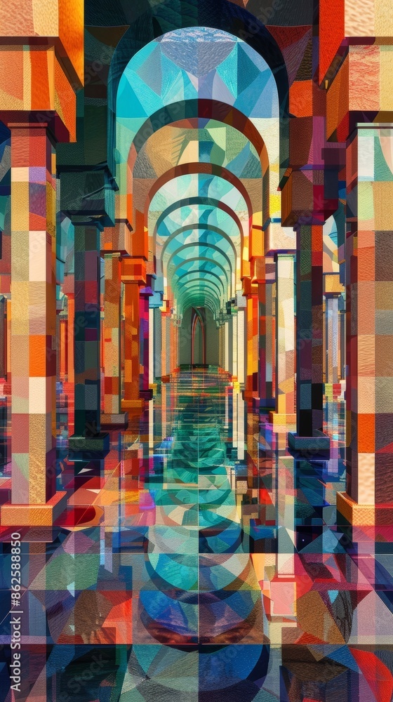 Poster a multicolored mosaic of geometric pillars creating an optical illusion of depth and dimension.