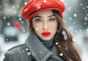 A beautiful woman with long hair, wearing red lipstick and gray winter stands in the snow-covered...