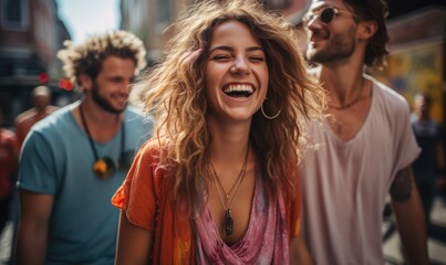Fototapeta premium Spontaneous City Square Dance - Friends Laughing and Embracing Joyful Moments of Friendship in a Vibrant Urban Setting