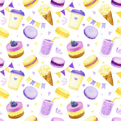 Watercolor seamless pattern with lavender and lemon macaroons. Hand painted illustration for sweet design.