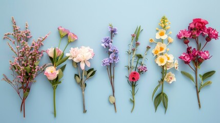 Arrangement of flowers over blue backdrop