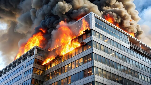 Office building on fire with smoke and flames billowing out , fire, emergency, disaster, burning, flames, blaze, workplace