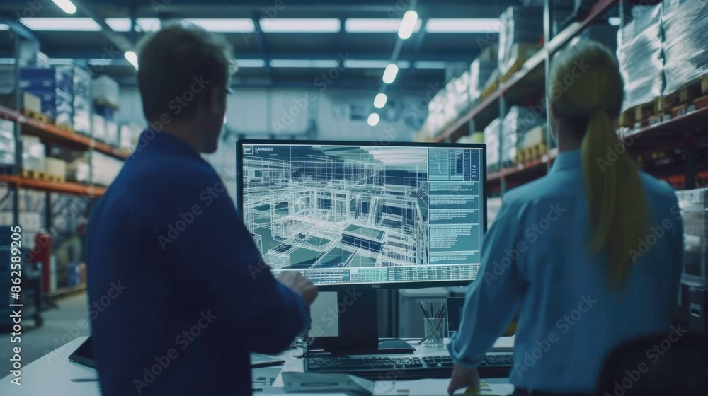 Poster group of professional warehouse worker working together while planning and looking at monitor. smart