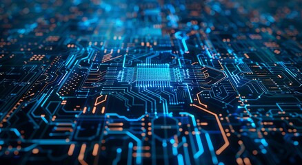 Computer chip on motherboard in cityscape, surrounded by engineering marvels