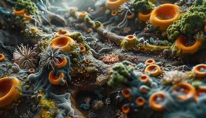 Obraz premium various environmental microbiomes, including soil, ocean, and urban environments, highlighting the diversity and importance of microbes in different ecosystems