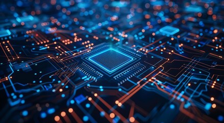 Obraz premium Computer chip on motherboard in cityscape, surrounded by engineering marvels