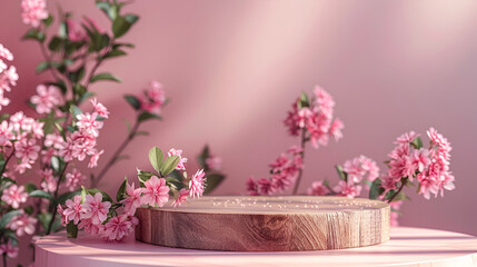 Fototapeta premium flat golden plastic cosmetic podium background with sakura flower in the photo studio beautiful materials,Minimal luxury podium in pink wall background with spring flowers. Concept display scene stag 