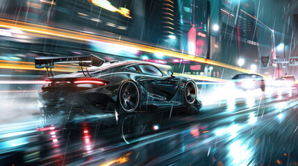 ev car run on the road with city background