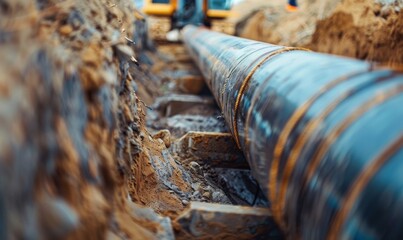 Obraz premium Close-up macro shot of a pipeline being installed underground
