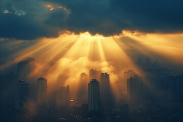 Obraz premium The sun is shining through the clouds, casting a warm glow on the city below