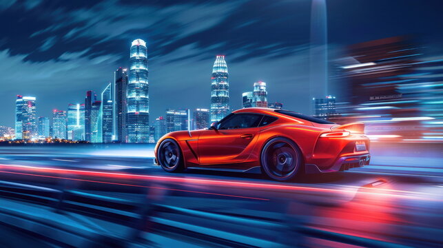 ev car run on the road with city background