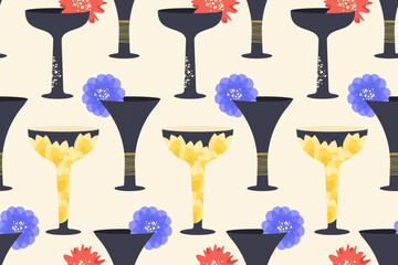 Glasses seamless pattern. Different Wineglasses, Alcohol cocktails, champagne, martini drinks. Trendy design of  silhouettes glass with abstract elegant color flowers. Vector illustration