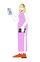 Glamour young woman taking photo with phone 2D linear cartoon character. Blonde female holding smartphone isolated line vector person white background. Summer tourist color flat spot illustration