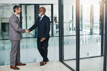 Business people, introduction and shaking hands in office agreement, negotiation or hello at law...