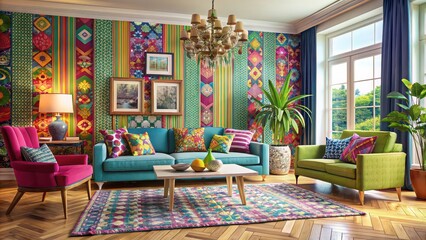 Eclectic living room with bold patterns and vibrant colors , colorful, eclectic, vibrant, living room, interior