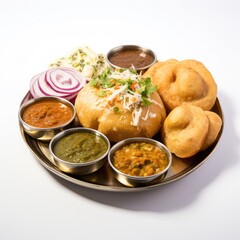 Traditional Indian Kachori Thali with Assorted Chutneys and Curries
