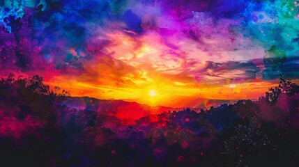 Neon Sunrise Serenity: Vibrant Digital Art Landscape with Watercolor Patterns and Vignetting