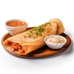 Delicious South Indian Masala Dosa with Chutneys on Wooden Plate