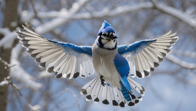 A blue jay with its wings spread wide is flying 