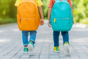 Two children with backpacks walking to school, close-up of their backs and shoes on the way. Back view of two boys or girls carrying bags going back from summer vacation. Back to school concept.