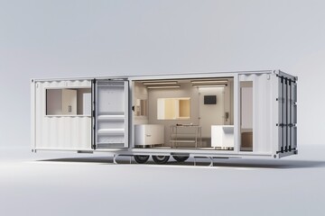 Shipping Container Building. Three-Dimensional Render of Mobile Clinic in White Background