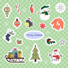 Set of stickers. Christmas and New Year. Snowmen and Christmas tree, birds and balls, elements for home decor. Sweater and socks. Vector illustration