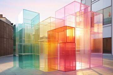 Abstract sculptures made of colorful glass in pastel colors, luminous, fun and futuristic. Modern windows to bright future