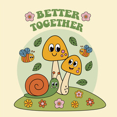 poster with cute mushrooms, bee, snail