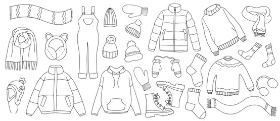 Warm autumn-winter clothes. Vector collection of autumn-winter clothes. Vector sketch icon isolated on white. Seasonal design elements. Vector illustration