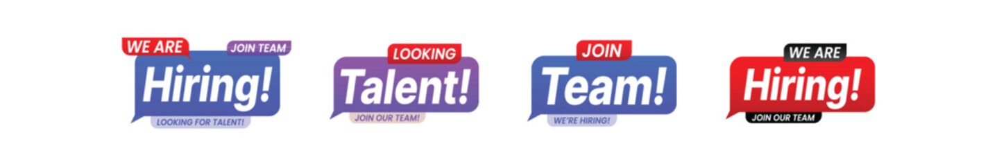 Hiring vacancy job offer info label template. We are hiring, join to our team, looking for talent help wanted advertising badge set vector illustration isolated on white background.