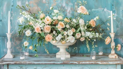 Fototapeta premium A vase of flowers sits on a table with candles and a blue wall behind it. Generate AI image