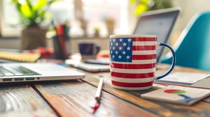coffee mug with american flag design on office desk symbolizing cultural fusion in business communication