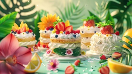 Obraz premium close up of cakes and flowers. Selective focus