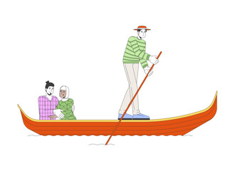 Venice gondolier rowing gondola with mixed race couple 2D linear cartoon characters. Italy travellers isolated line vector people white background. Honeymoon tourists color flat spot illustration © The img