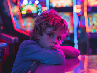 Little kid being bored in arcade game playroom