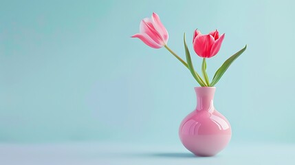 Obraz premium Tulip flower in a pastel pink vase on a light blue background