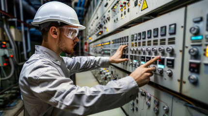 Power plant engineer monitors control panels and data screens