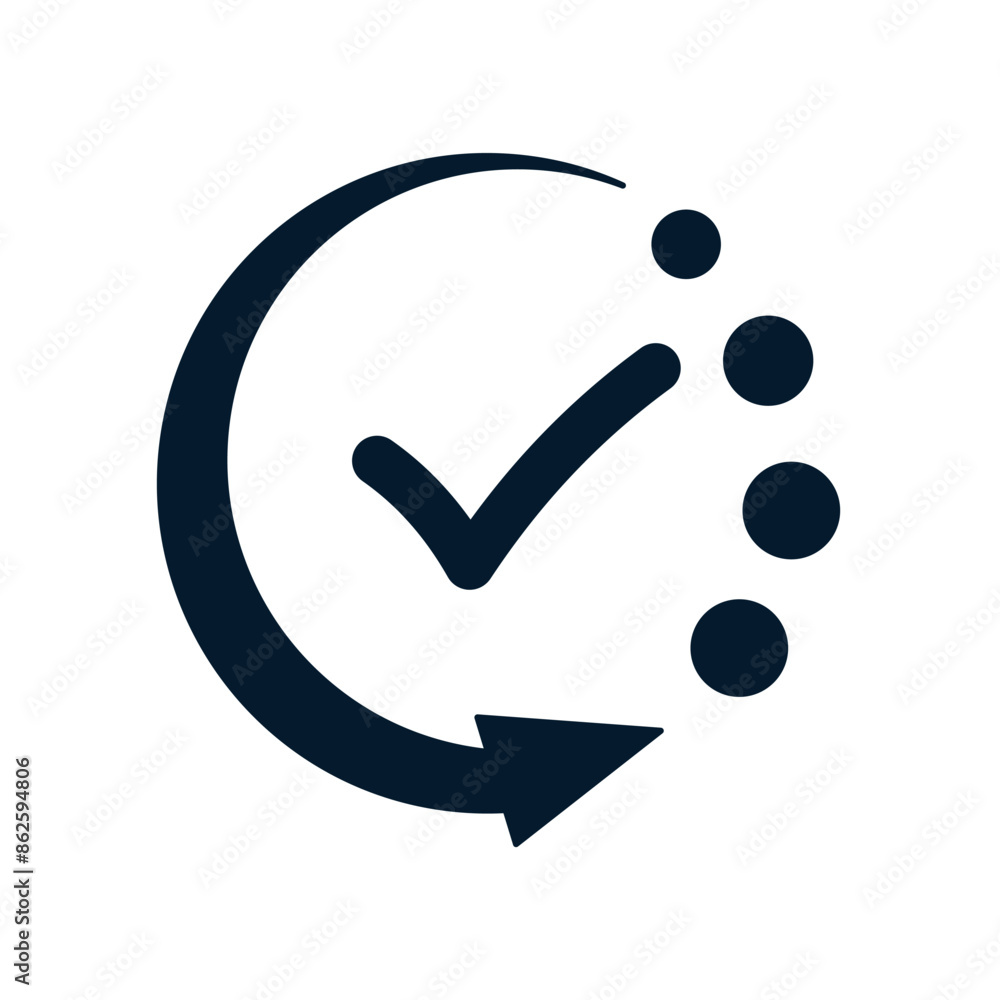 Poster arrow in a circle, check mark. concept progress, completed task. vector linear icon isolated on whit