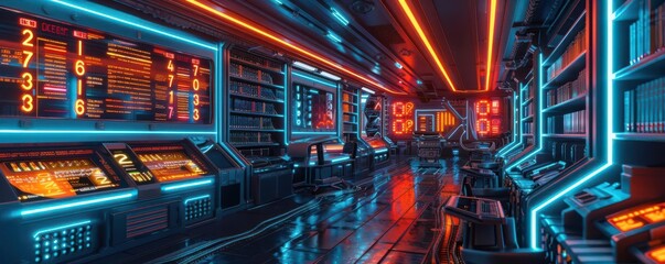 Obraz premium A futuristic library with holographic numbered books, neon lighting, cyberpunk aesthetic, 3D render, sleek modern design